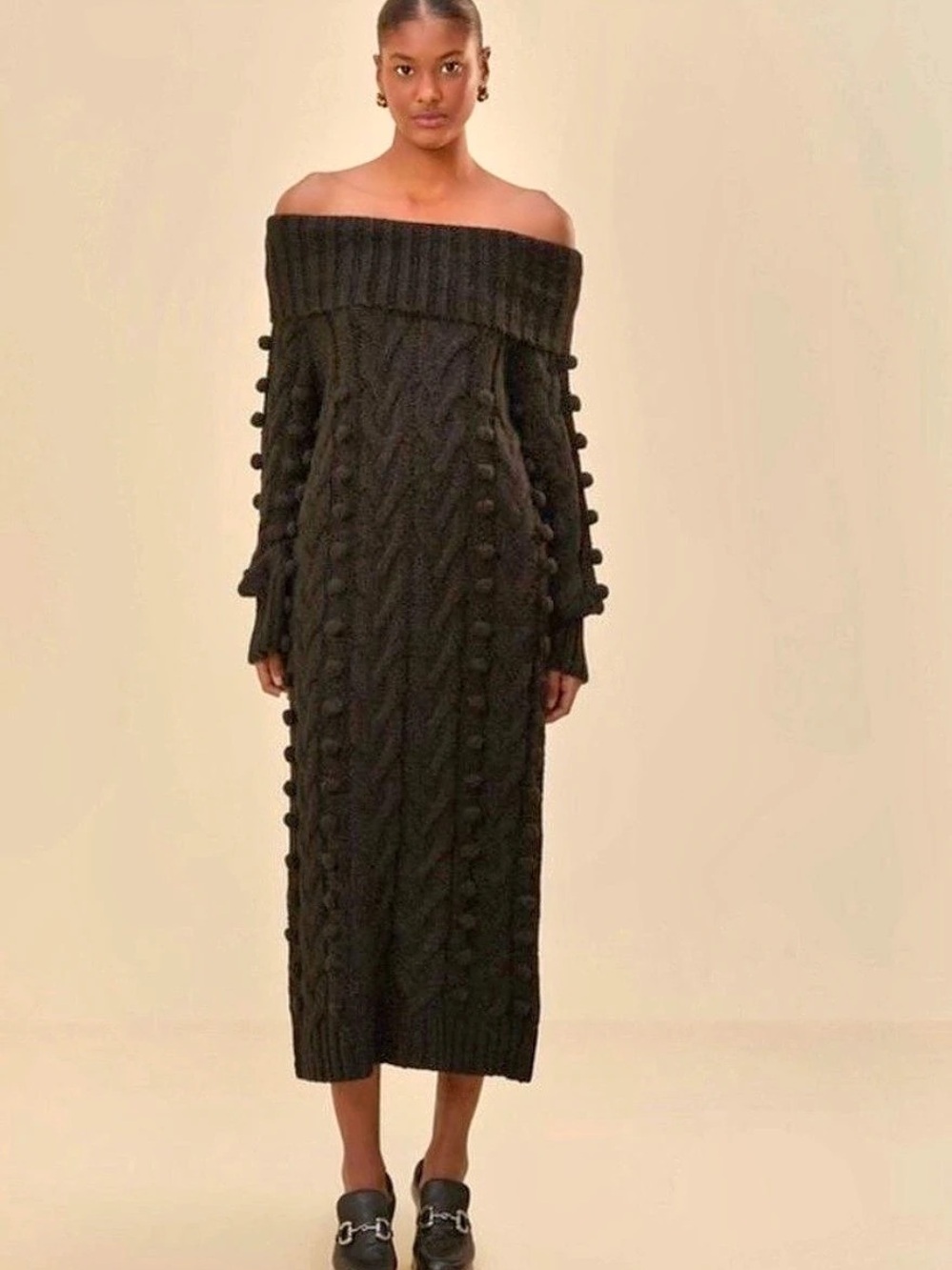 Farm Rio Off-the-Shoulder Pom-Pom-Embellished Cable-Knit Midi Dress Cable-Knit
